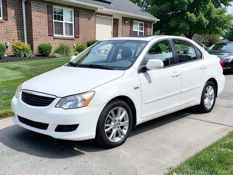 AI-drawn sample: a white four-door sedan on a driveway in front of a brick house