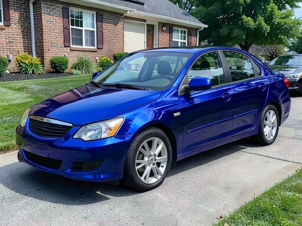 AI-drawn sample: the same sedan in a gloss metallic blue wrap