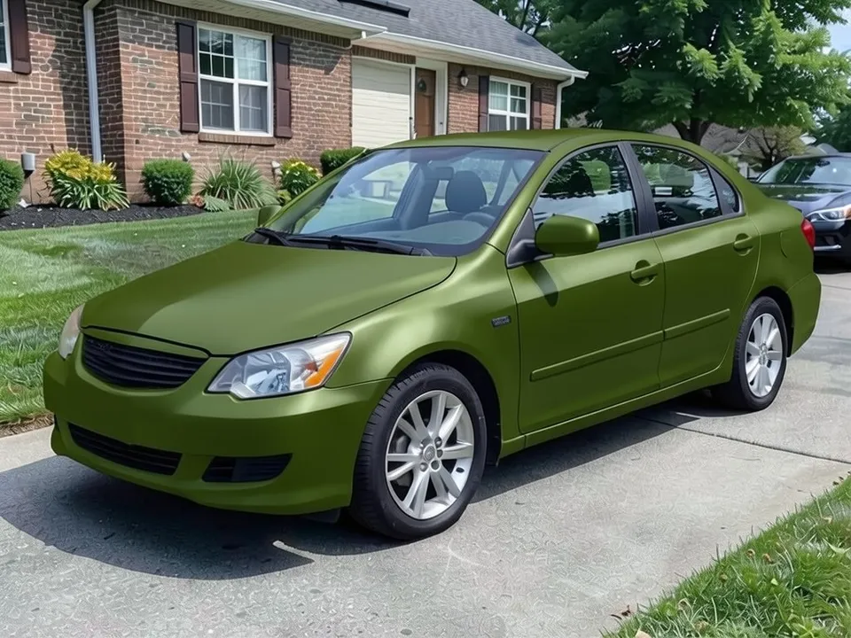 AI-drawn sample: the same sedan in a satin olive green wrap