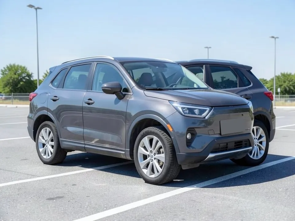 AI-drawn sample: a plain dark gray compact SUV with silver wheels in a parking lot, with a second gray car parked behind it