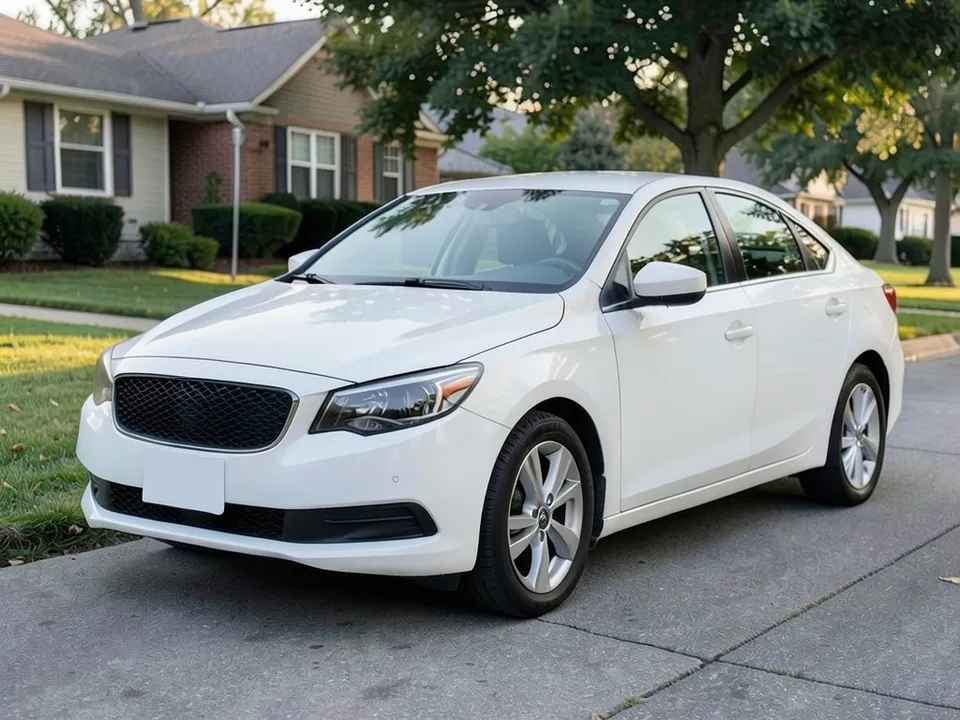 AI-drawn sample: a plain white four-door sedan with silver wheels parked on a suburban street