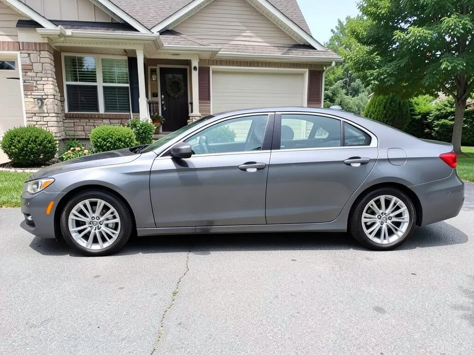AI-drawn sample: a gray generic four-door sedan stand-in, side-on, on silver wheels parked in a driveway in front of a house