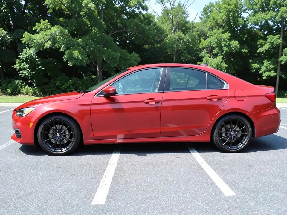 AI-drawn sample: a red generic four-door sedan stand-in, side-on, on black wheels parked in a parking lot in front of trees