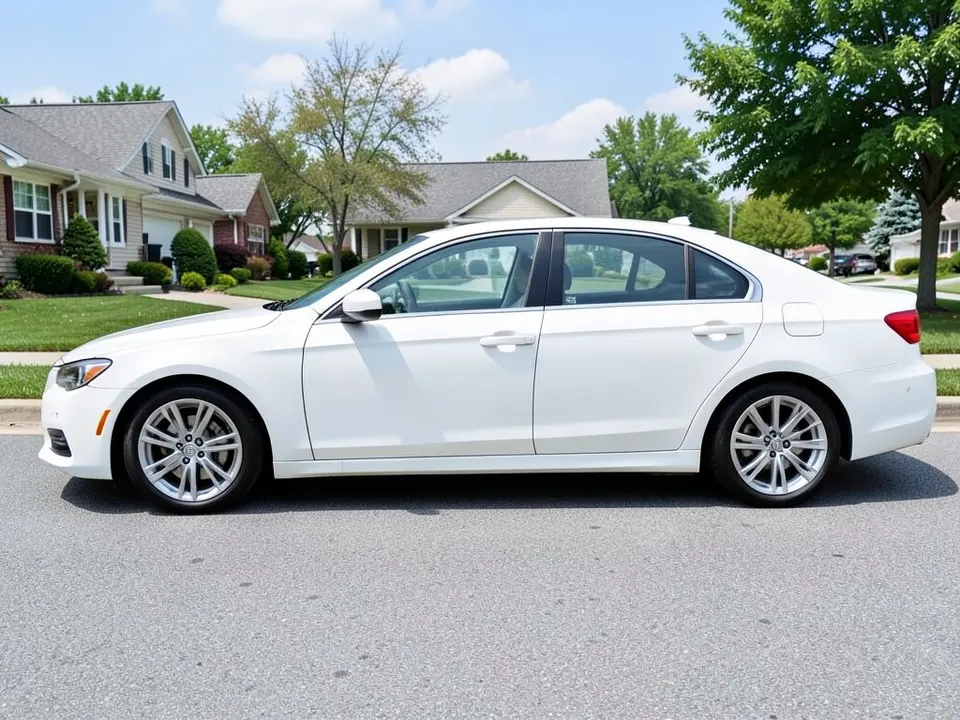 AI-drawn sample: a white generic four-door sedan stand-in, side-on, on silver wheels parked on a suburban street with houses behind
