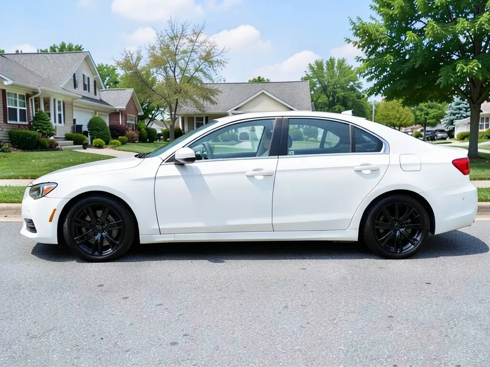 AI-drawn sample: the same white sedan on gloss black wheels