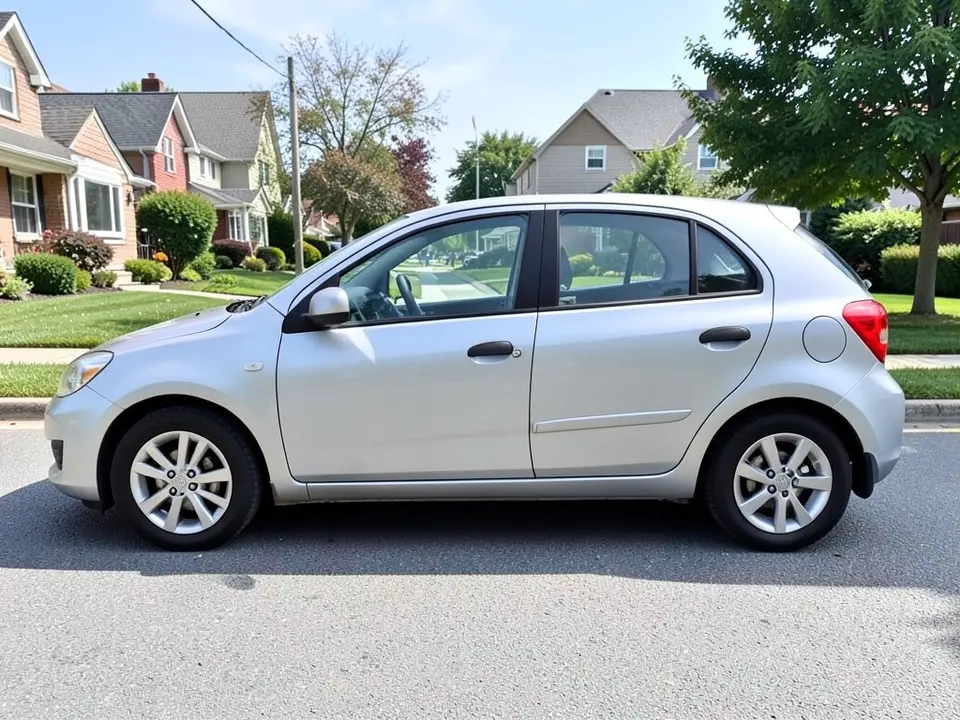 AI-drawn sample: a silver generic compact hatchback stand-in, side-on, on silver wheels parked on a suburban street with houses behind