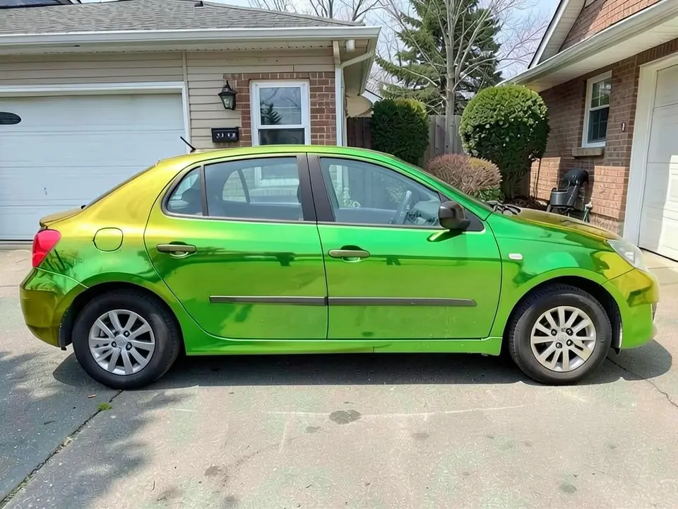 AI-drawn sample: the same car in a gold and green color-shift wrap look
