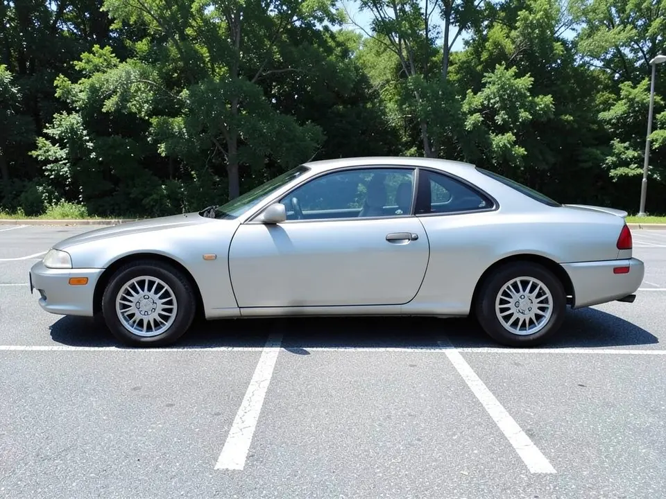 AI-drawn sample: a plain silver generic two-door coupe seen from the side in an empty parking lot with trees behind