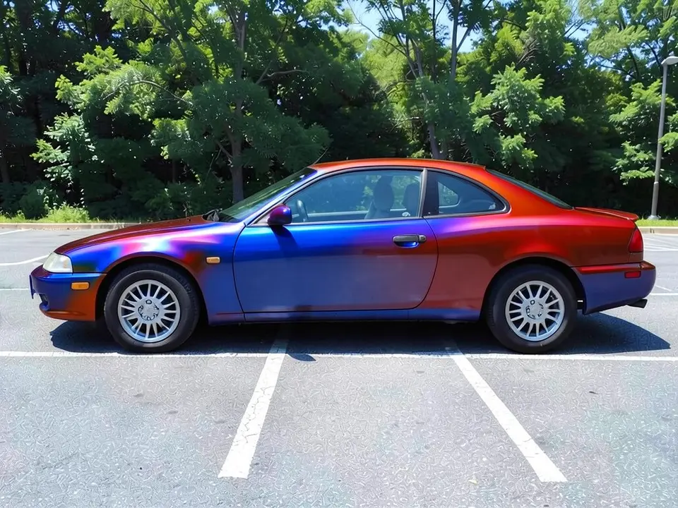 AI-drawn sample: the same coupe in a blue and red color-shift wrap look