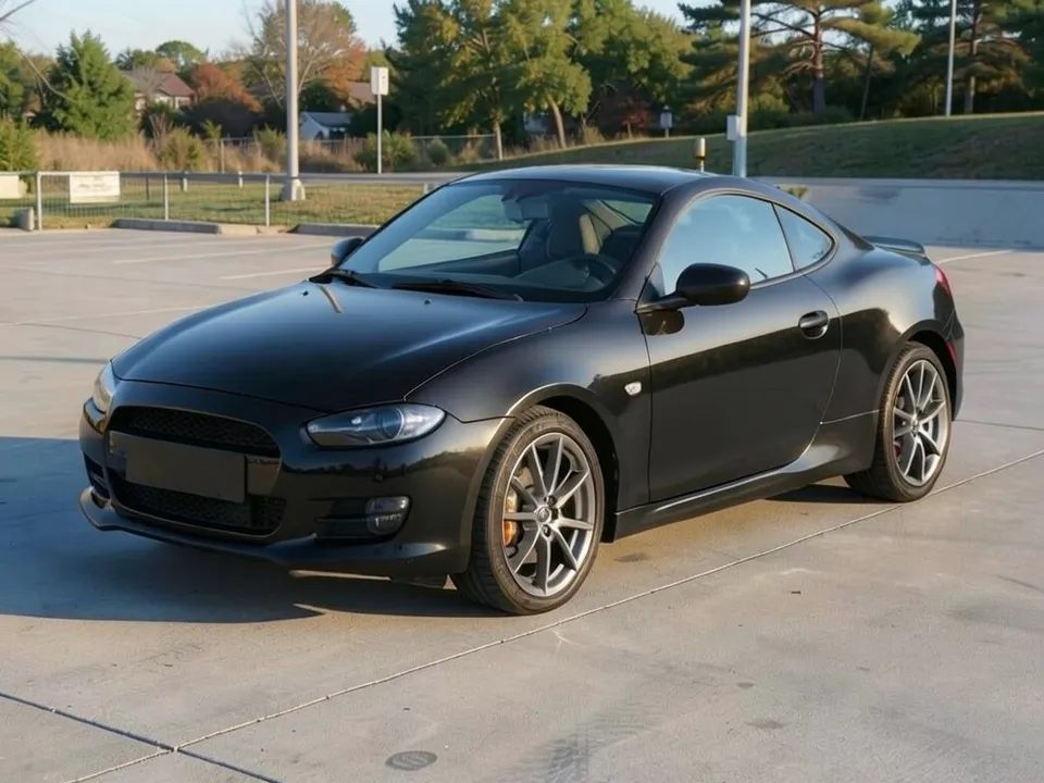 AI-drawn sample: a plain black sports coupe with dark gray wheels in a concrete parking lot