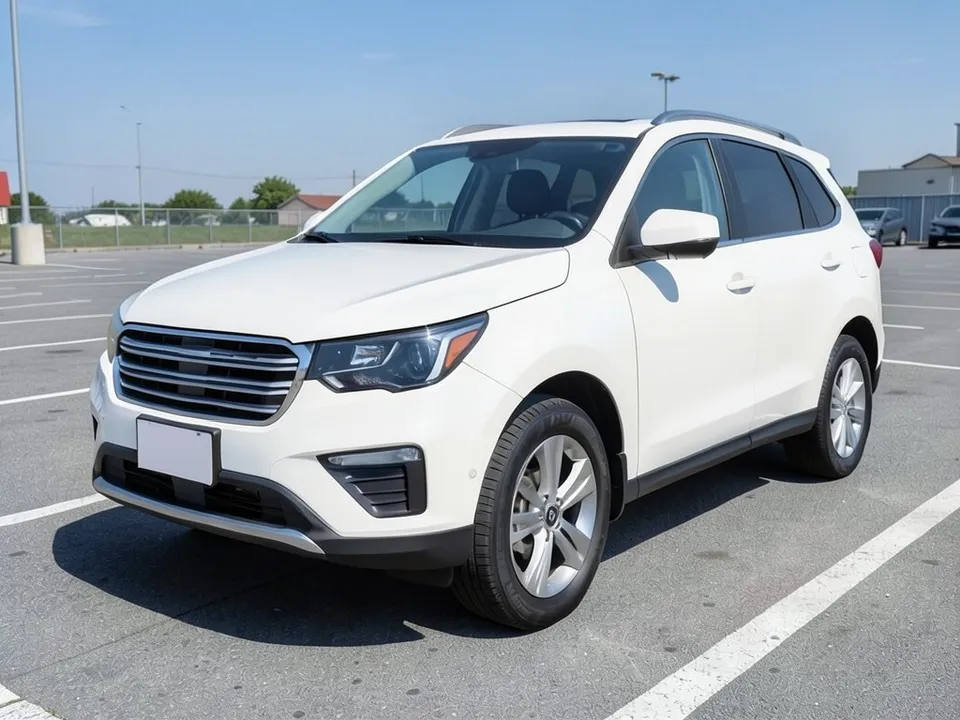 AI-drawn sample: a plain white midsize SUV with silver wheels in a parking lot with a few distant cars