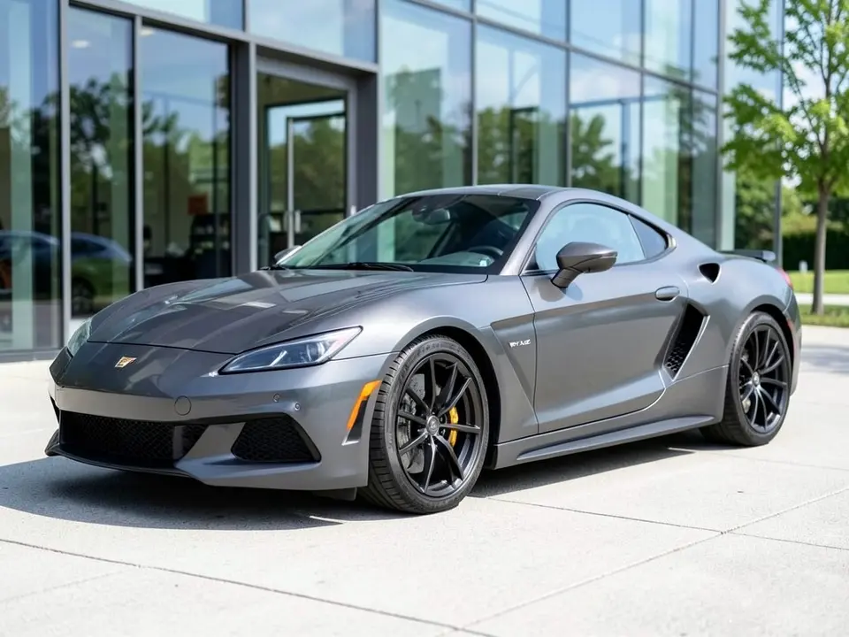 AI-drawn sample: a dark gray generic sports coupe stand-in on black multi-spoke wheels parked outside a modern glass building