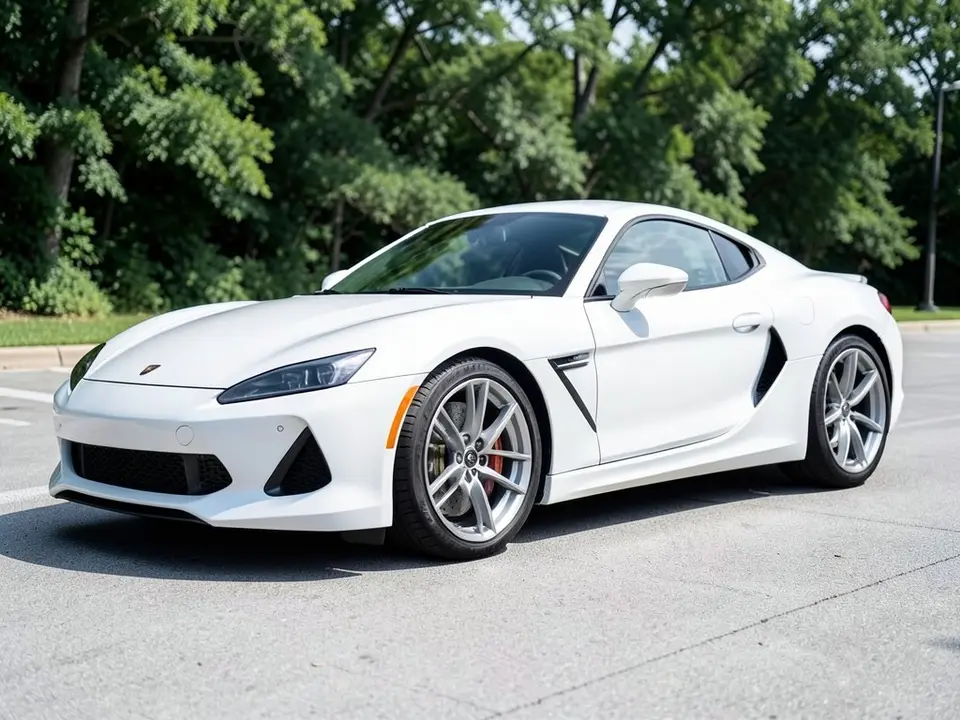 AI-drawn sample: a white generic sports coupe stand-in on silver multi-spoke wheels parked on a paved lot with trees behind