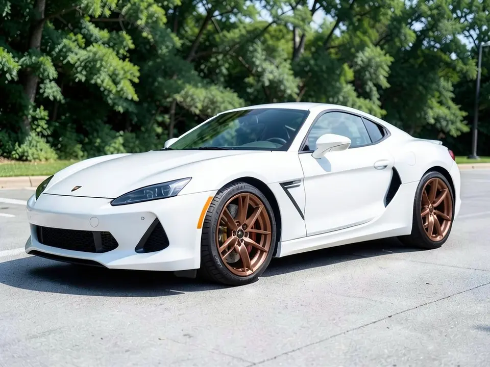 AI-drawn sample: the same white coupe on bronze-colored wheels