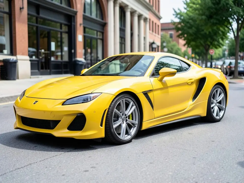 AI-drawn sample: a yellow generic sports coupe stand-in on silver multi-spoke wheels parked on a city street beside a brick building