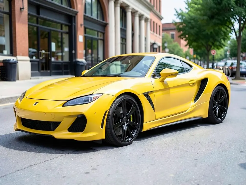 AI-drawn sample: the same yellow coupe on gloss black wheels