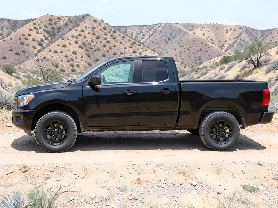 AI-drawn sample: a plain black midsize crew-cab pickup with black wheels and off-road tires on a dirt trail in the hills