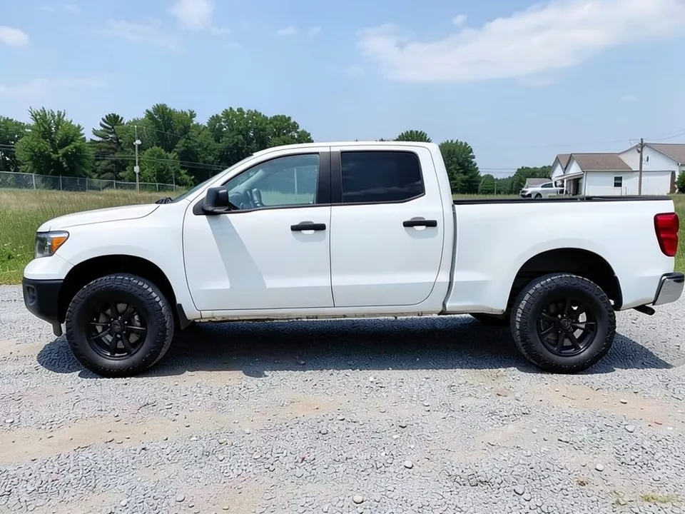 AI-drawn sample: a plain white full-size crew-cab pickup with black wheels and all-terrain tires on a gravel lot