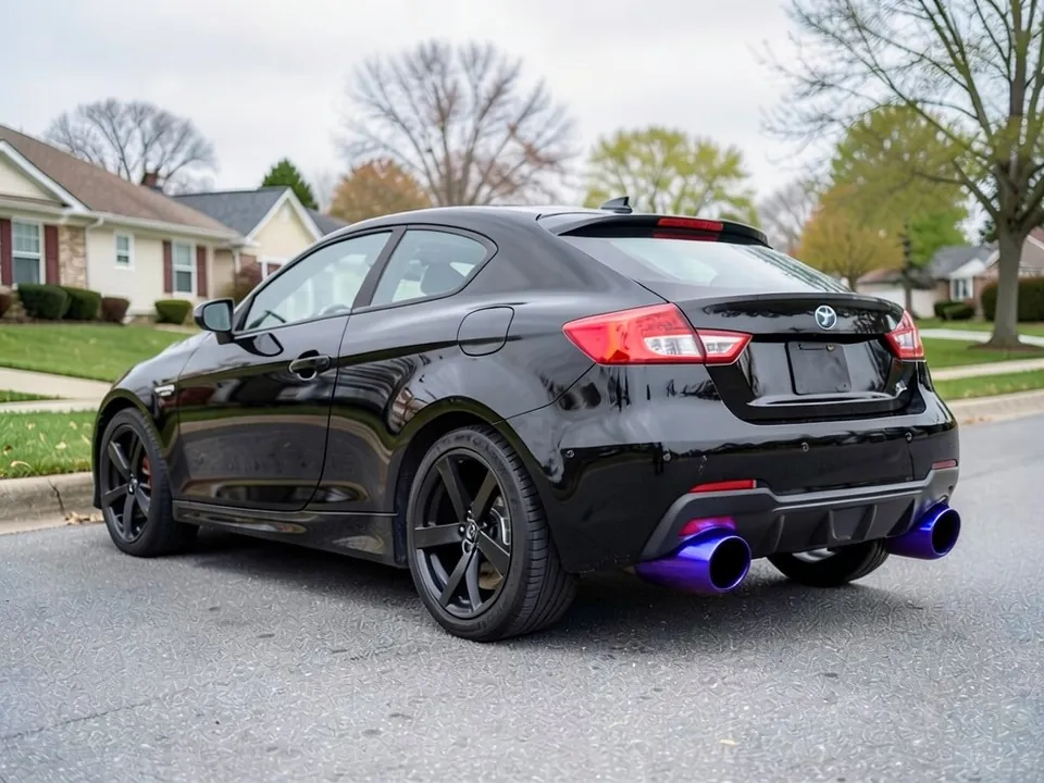 AI-generated sample: the same black coupe with large blue-purple titanium style exhaust tips