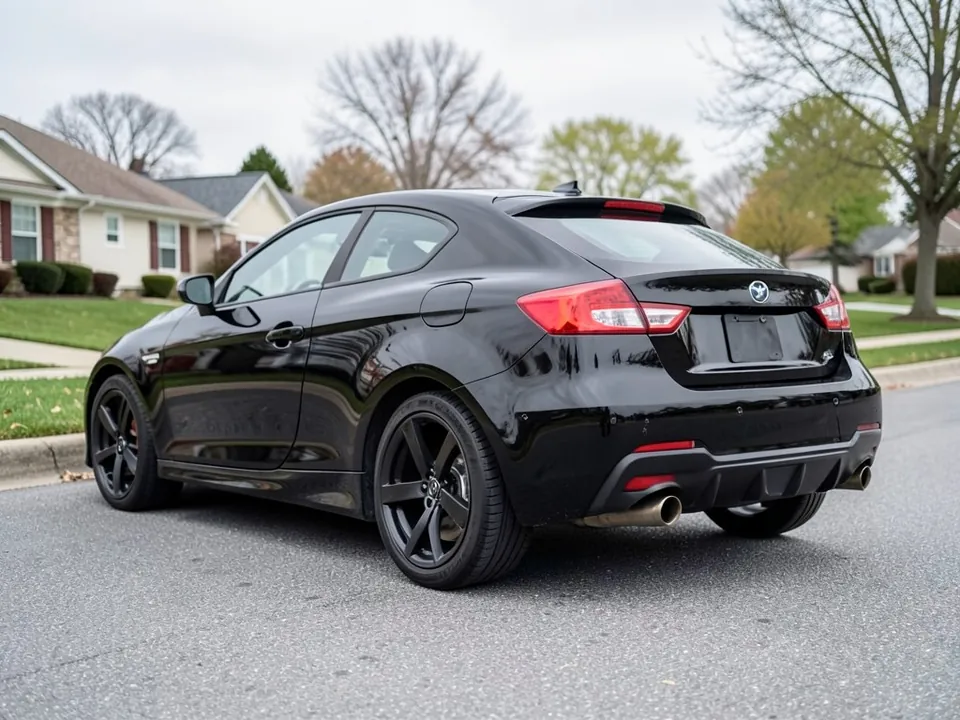 AI-generated sample: black coupe in a rear three-quarter view with a small stock exhaust