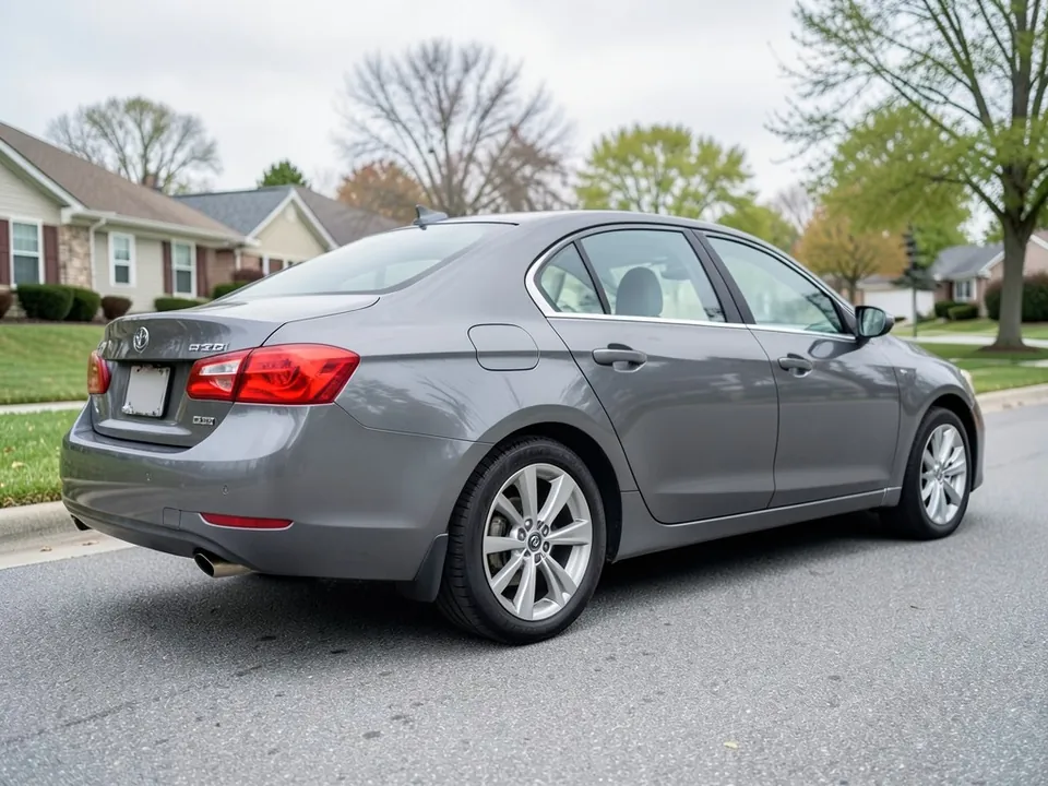 AI-generated sample: gray sedan in a rear three-quarter view with a small stock exhaust
