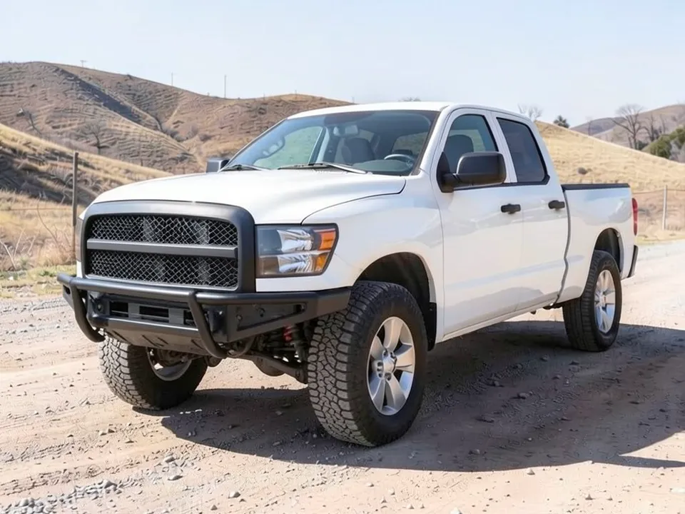 AI-drawn sample: the same pickup with a black tube-style steel front bumper, taller all-terrain tires and red suspension parts visible under the front