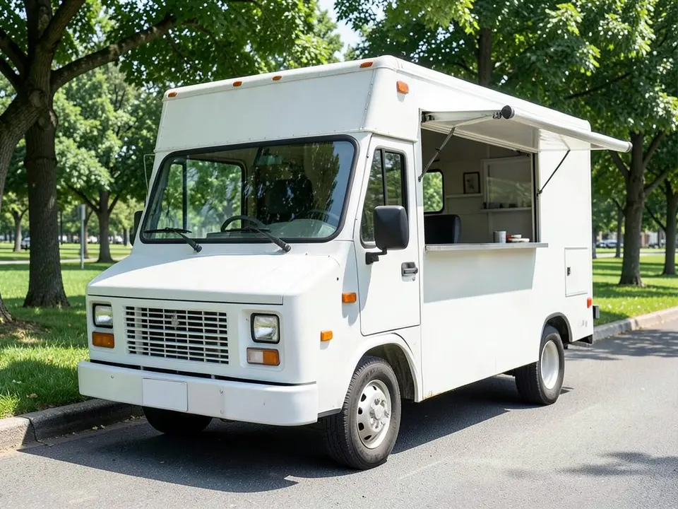 AI-drawn sample: a plain white box-style food truck parked on a city street in front of brick buildings