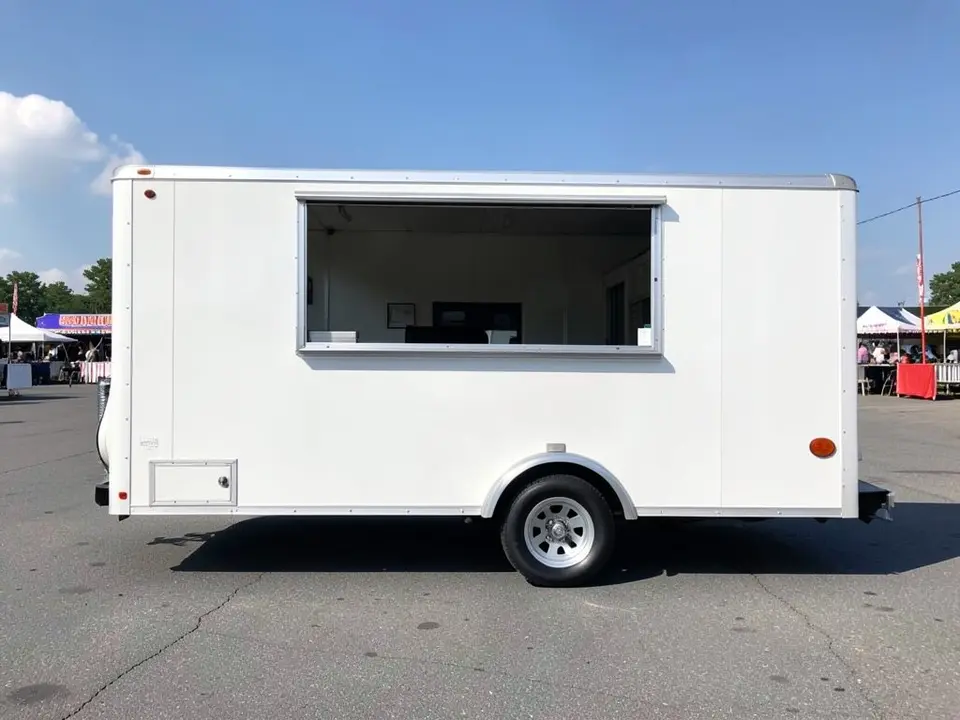 AI-drawn sample: a plain white food trailer with a large serving window parked on a paved lot with tents behind