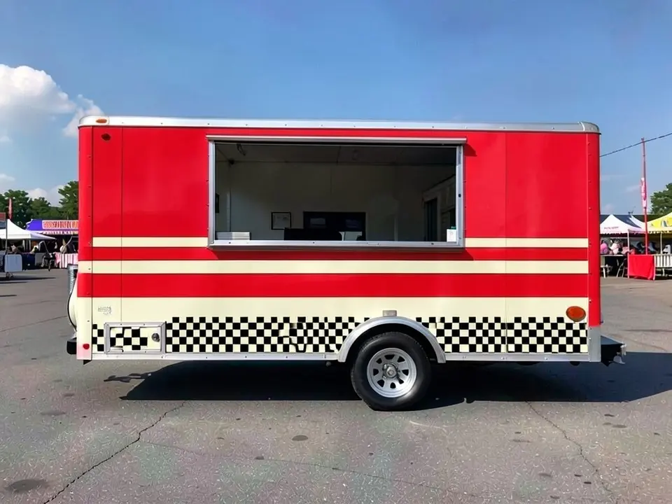 AI-drawn sample: the same trailer in bright red with cream stripes and a black and white checkerboard band along the bottom