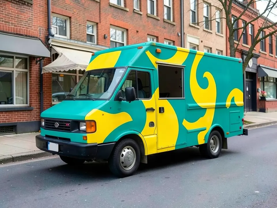 AI-drawn sample: the same truck in dark green covered with illustrated tomatoes, peppers and leaves