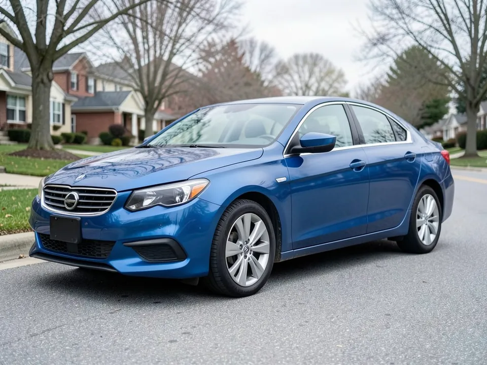 AI-generated sample: blue sedan in a front three-quarter view with a stock smooth front bumper
