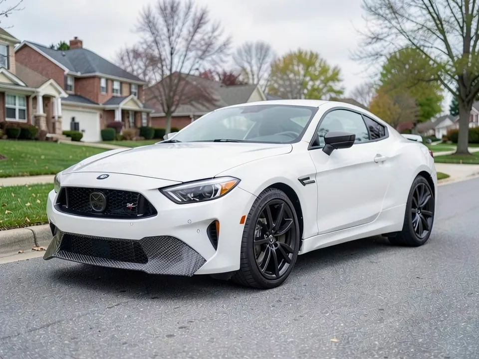AI-generated sample: the same white coupe with a carbon-fibre style front lip splitter under the bumper