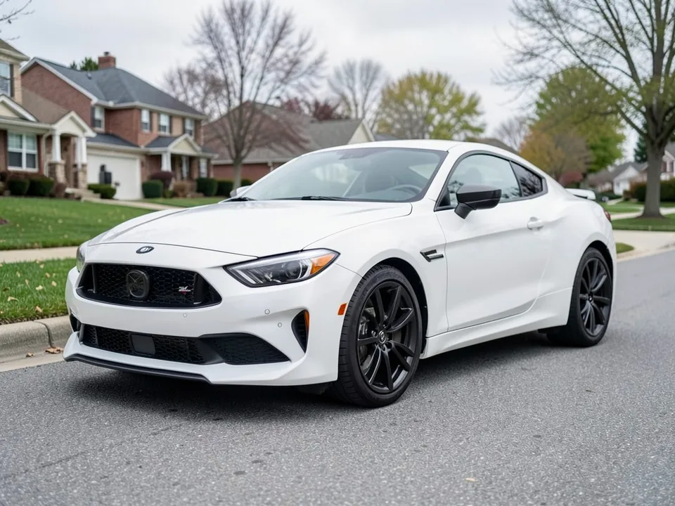 AI-generated sample: white coupe in a front three-quarter view with a stock smooth front bumper