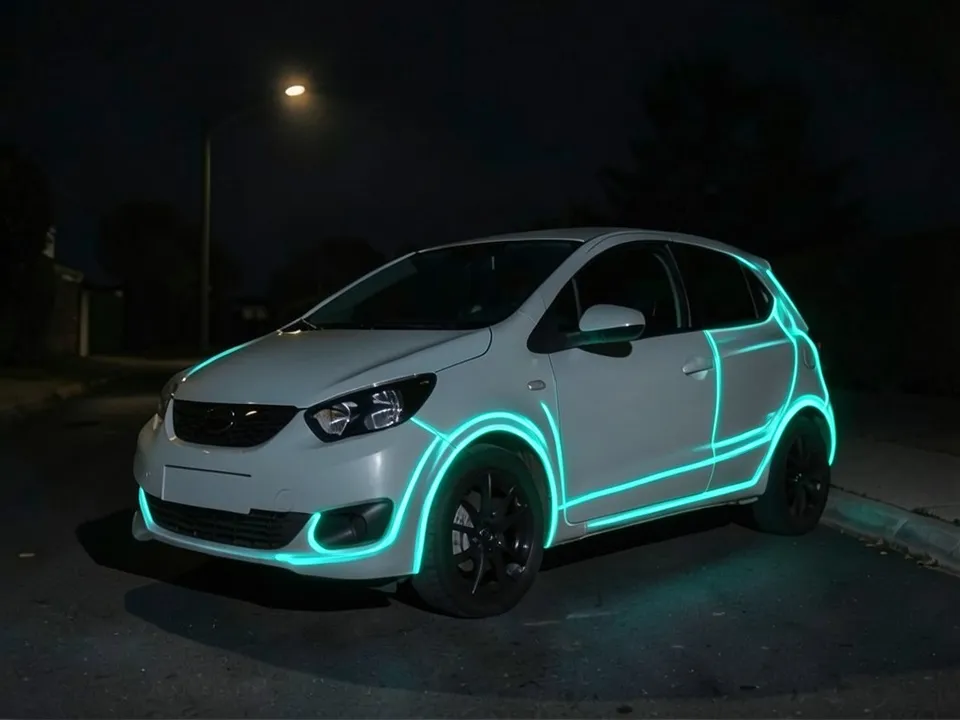 AI-drawn sample: the same hatchback with glowing aqua blue stripes and wheel arch outlines