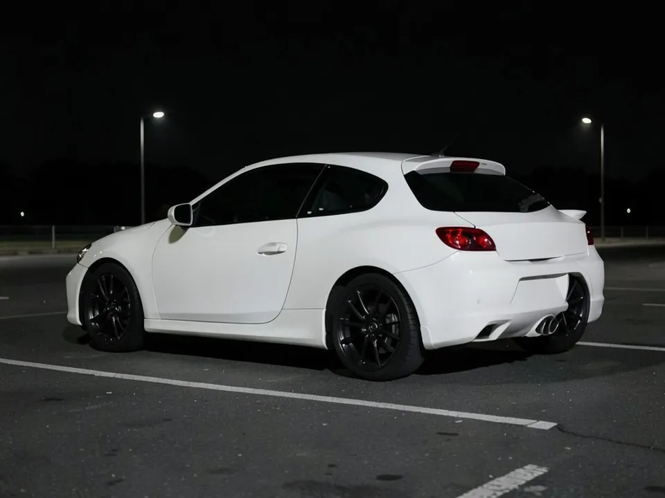 AI-drawn sample: a plain white two-door hatchback coupe with black wheels in a dark parking lot at night