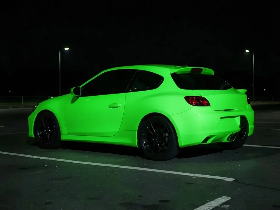 AI-drawn sample: the same coupe with a full body green glow in the dark