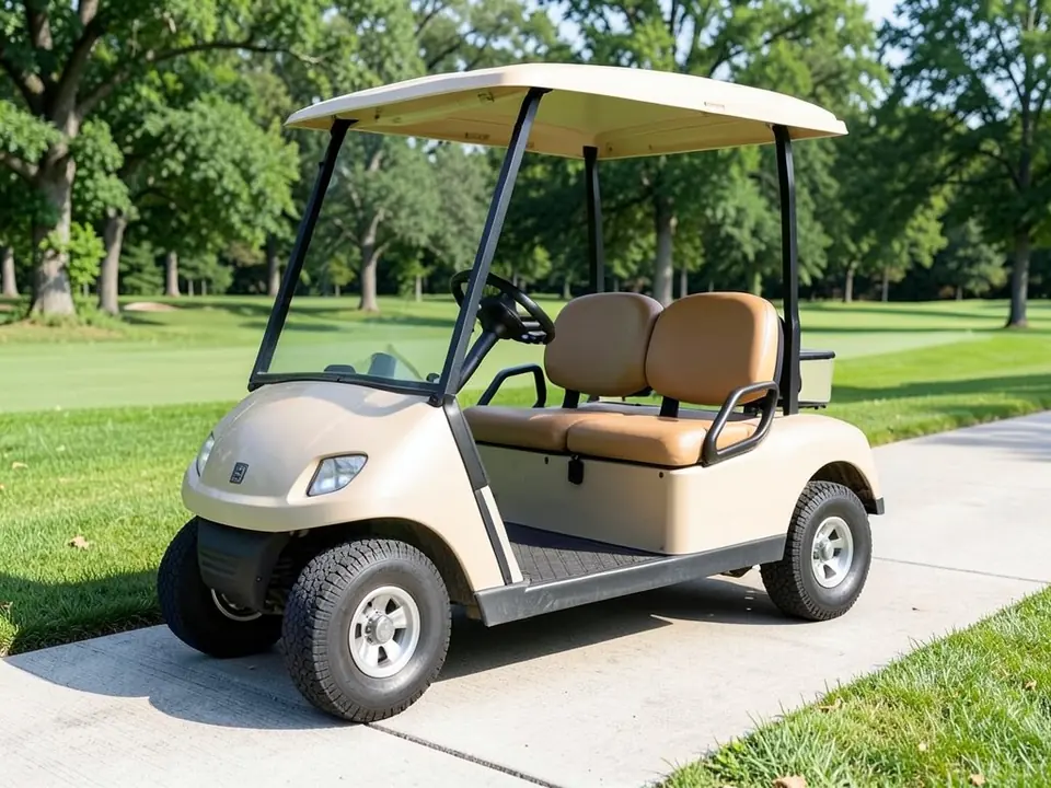 AI-generated sample: a beige two-seat golf cart with a beige roof, tan seats and a rear basket on a golf course path