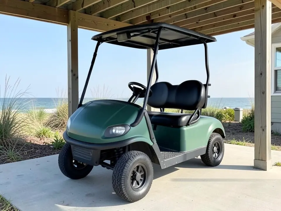 AI-generated sample: a dark green two-seat golf cart with a black roof and black seats under a beach house carport