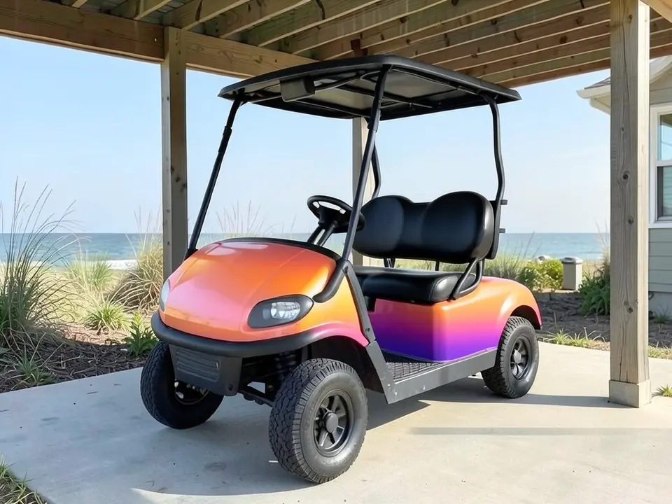 AI-generated sample: the same golf cart wrapped in a glossy orange, pink and purple sunset gradient, black roof and seats unchanged