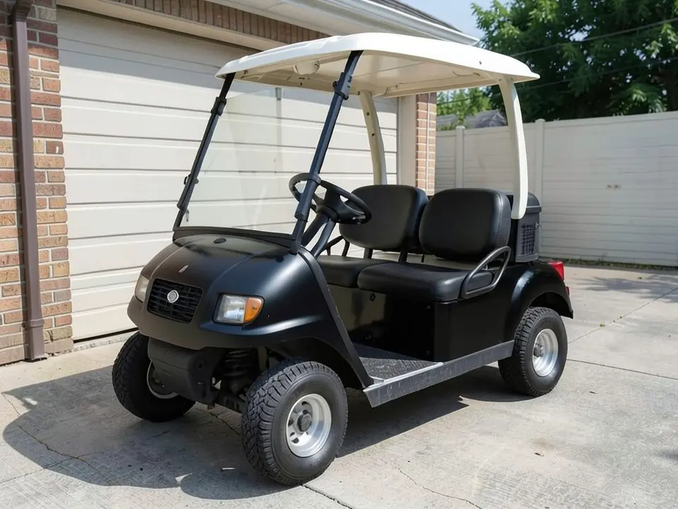 AI-generated sample: the same golf cart with satin black body panels, the white roof and black seats unchanged
