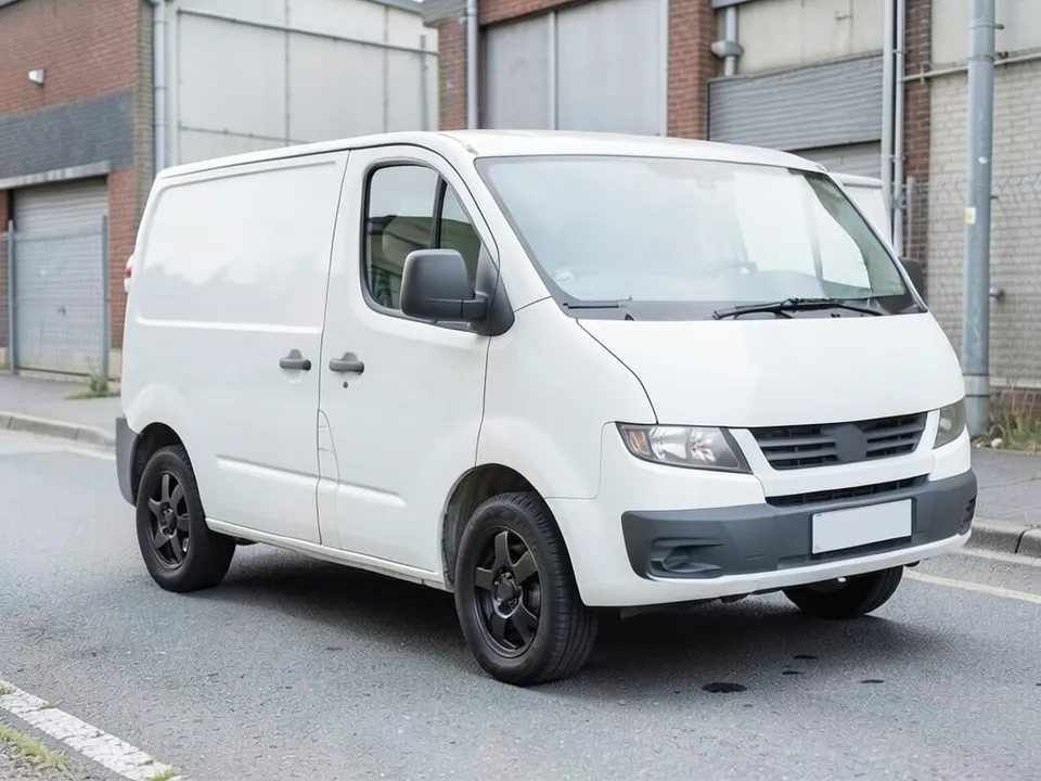 AI-drawn sample: a plain white compact cargo van on an industrial street