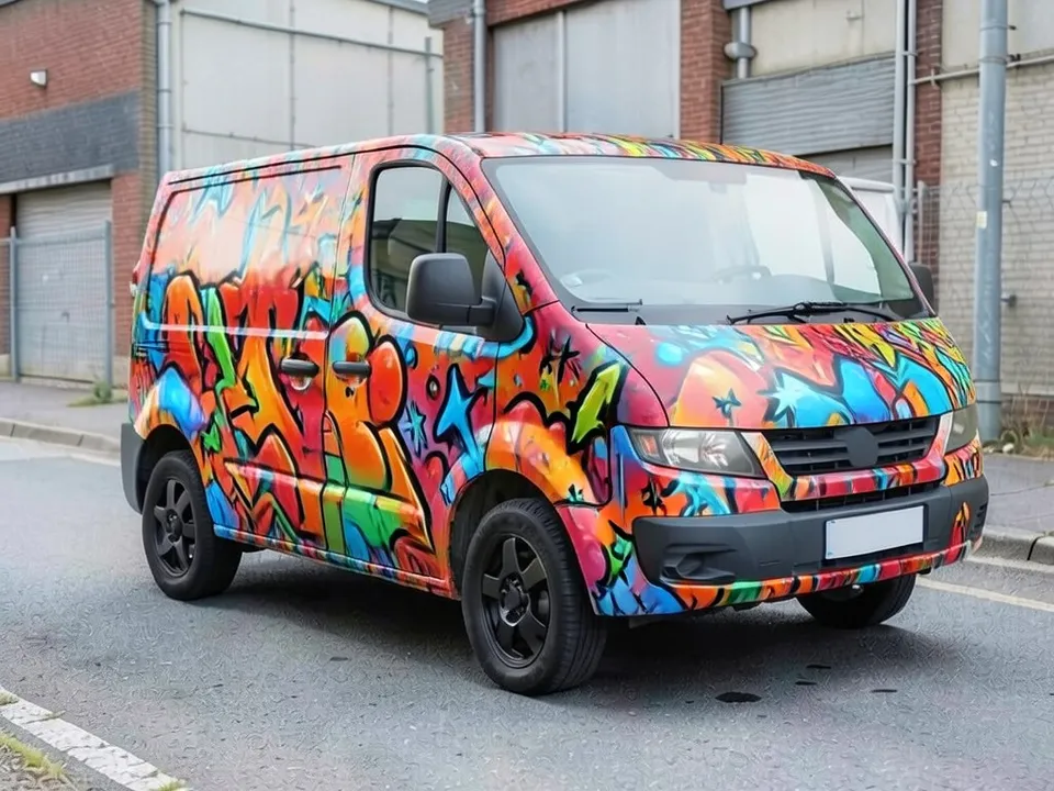AI-drawn sample: the same van covered in red, orange, blue and green graffiti art