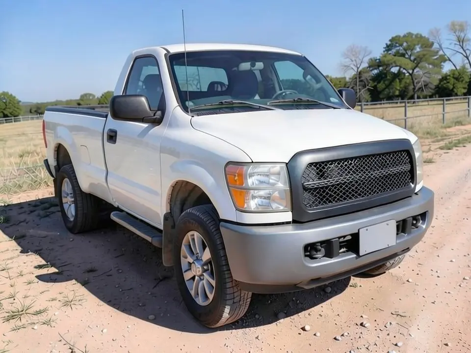 AI-drawn sample: a white regular cab pickup truck with a gray front bumper on a dirt road