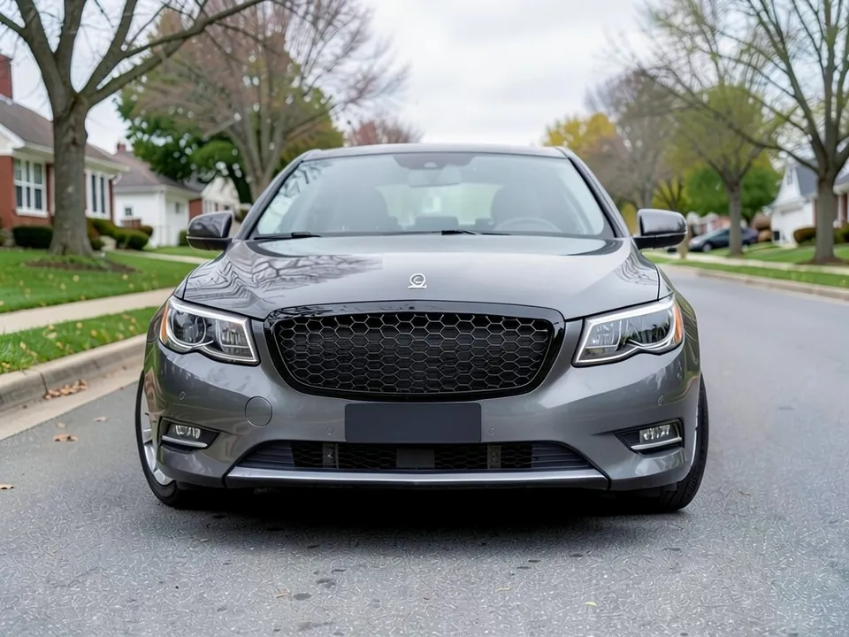 AI-generated sample: the same gray sedan with a gloss black honeycomb mesh grille