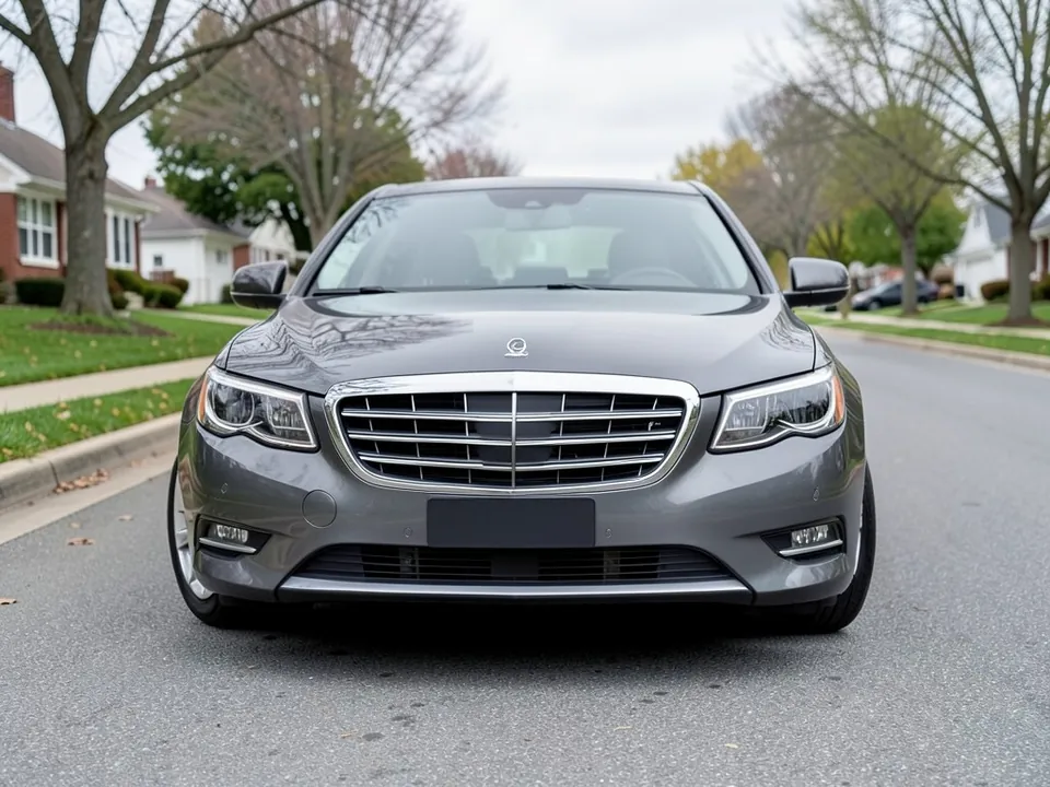 AI-generated sample: gray sedan from the front with a stock chrome-bar grille on a suburban street