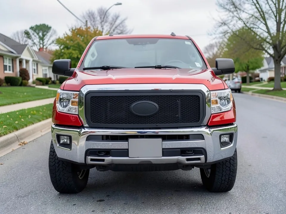 AI-generated sample: the same red pickup with a matte black mesh grille