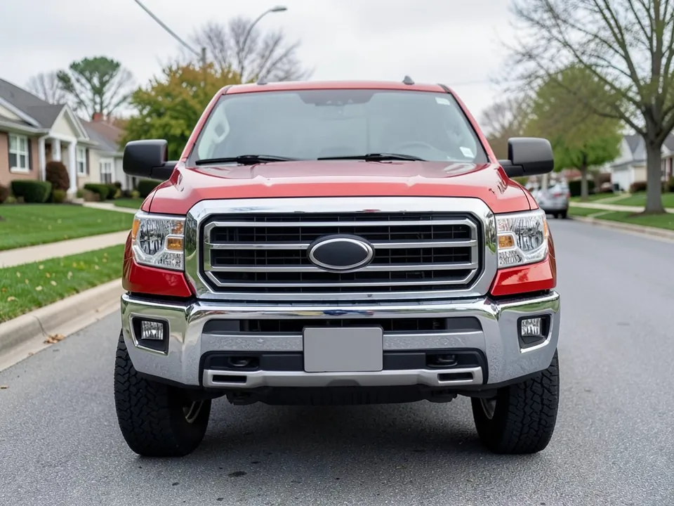 AI-generated sample: red pickup truck from the front with a stock chrome grille on a suburban street