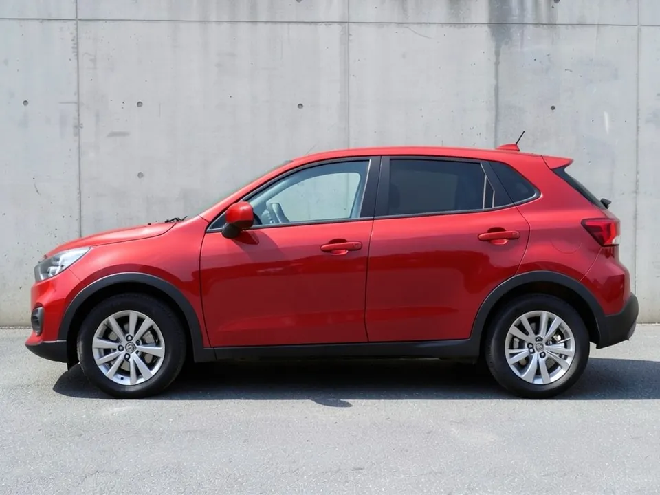 AI-drawn sample: a plain red compact SUV with silver wheels and black lower trim, seen from the side by a concrete wall