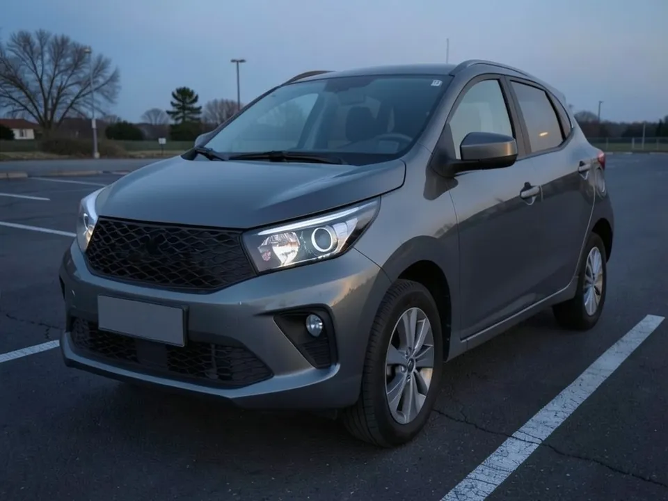 AI-drawn sample: a plain gray compact crossover with projector headlights in a parking lot at dusk