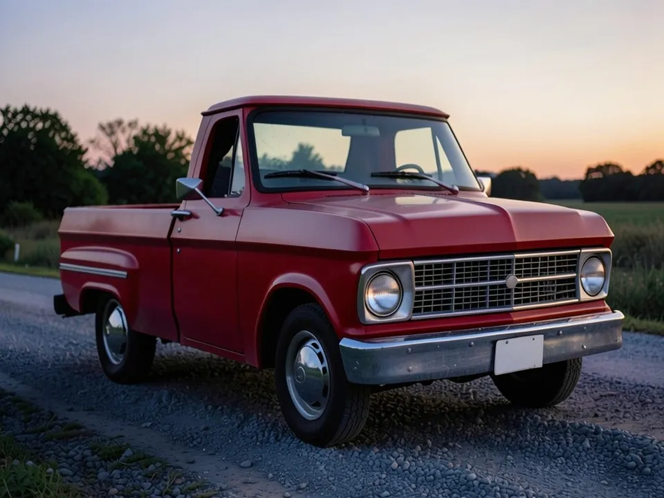 AI-drawn sample: a plain red classic pickup with round headlights and a chrome bumper on a gravel road at dusk